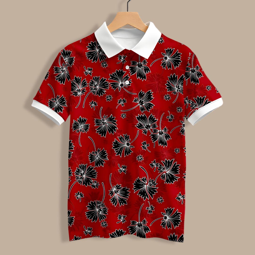 Red Black Floral Polo T-Shirt
