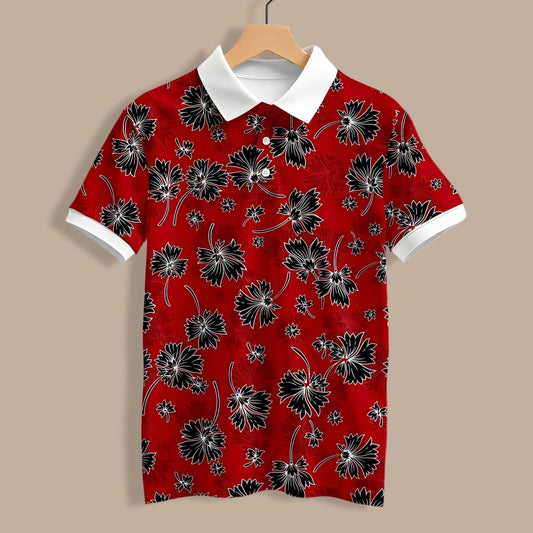 Red Black Floral Polo T-Shirt