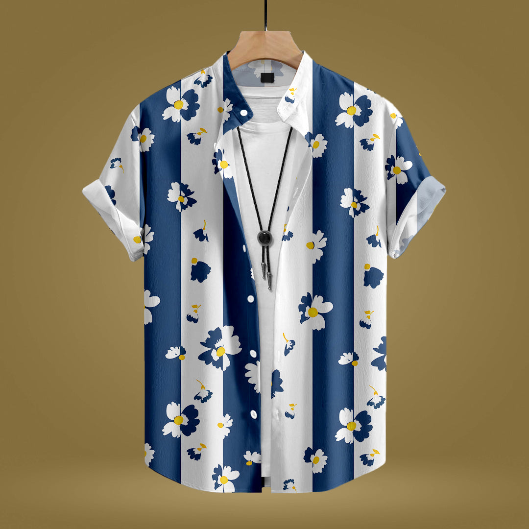 White Blue Floral Stripe Shirt